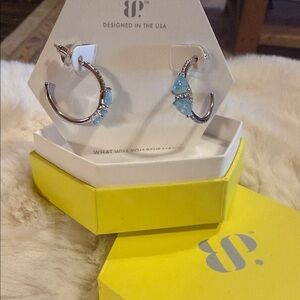 Blue Crystal Accent Silver Hoop Earrings by 8P